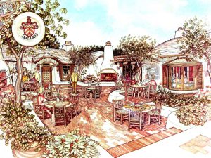 Ireland's Restaurant,1978, for actor John Ireland, with outdoor fire and English courtyard